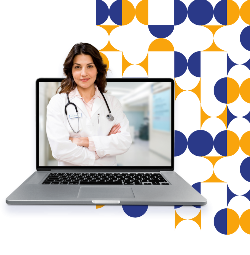 Ilustração de mulher com jaleco dentro do notebook.