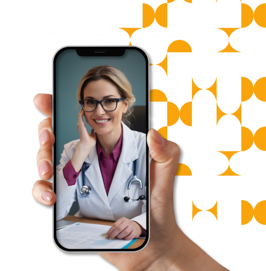 Ilustração de uma mão segurando um telefone, simulando atendimento online.